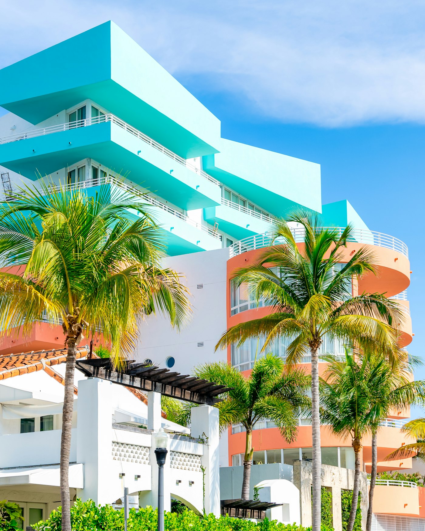 Miami Beach hotel framed by palm trees